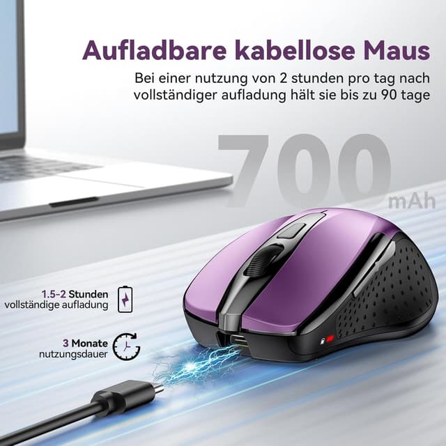 Detalle de TechRise Bluetooth Maus (BT 5.0/3.0 + 2.4G) mit USB-A Empfänger, 4800 DPI, lila – wiederaufladbar, leise