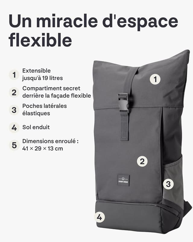 Detalle de Johnny Urban Sac à dos roll top Allen Medium gris foncé, ordinateur 16 pouces, 600D hydrofuge