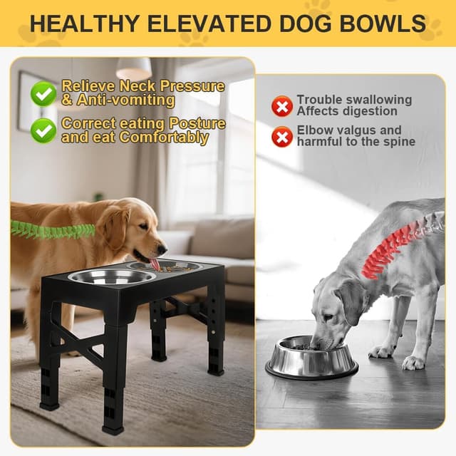 Detalle 2 de AUYAO Raised Dog Bowls Adjustable Elevated Feeder (5 heights) with 2 stainless steel bowls