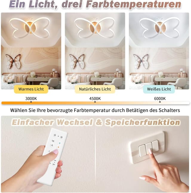 Detalle de LED Deckenleuchte Schlafzimmer mit Schmetterling-Design, 40W, 38 cm, dimmbar per Fernbedienung und Nachtlichtfunktion