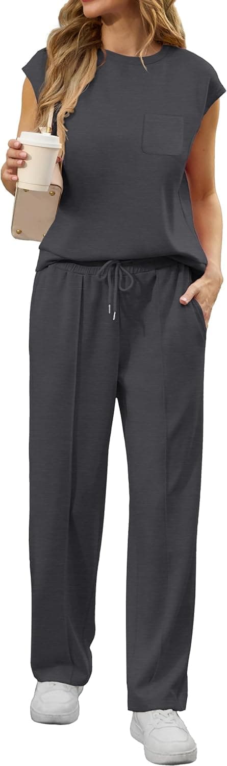 Detalle 2 de GRECERELLE two-piece summer lounge set for women: crew neck cap sleeve top and pocket joggers