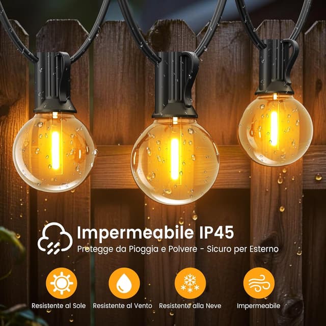 Thumbnail 1 de LONIUTO Catena Luminosa da Esterno 45 m con 75+3 LED G40, 2700K bianco caldo (IP45)