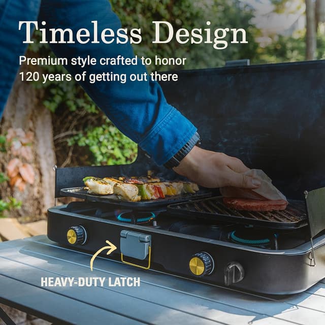 Detalle de Coleman 1900 Collection 3-in-1 Propane Camping Stove with Cast Iron Grill & Griddle Accessories (24,000 BTUs)