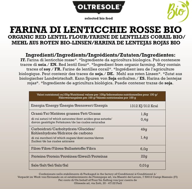 Thumbnail 1 de Oltresole 🥣 Harina de Lentejas Rojas Orgánica 1 kg