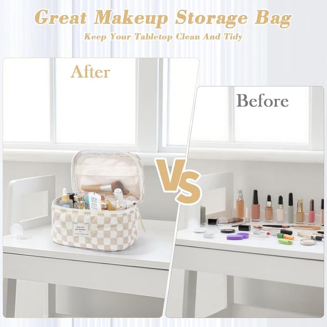 Detalle 2 de BuyCard Kosmetiktaschen 3er-Set Damen aus Cord (Khaki Check) – Kulturtasche & Waschtasche