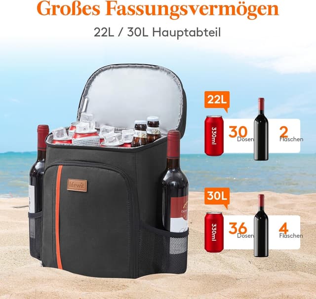 Detalle 2 de Lifewit 22L Kühlrucksack für 30 Dosen (30,5 x 17,8 x 40,5 cm) – auslaufsicher, isoliert, wasserdicht, schwarz