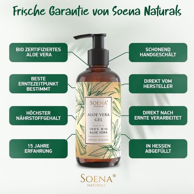 Thumbnail 6 de Soena® Aloe Vera Gel mit 100% BIO Aloe Vera (96% Aloe, ohne Alkohol & Duftstoffe) – Feuchtigkeitspflege, 250 ml