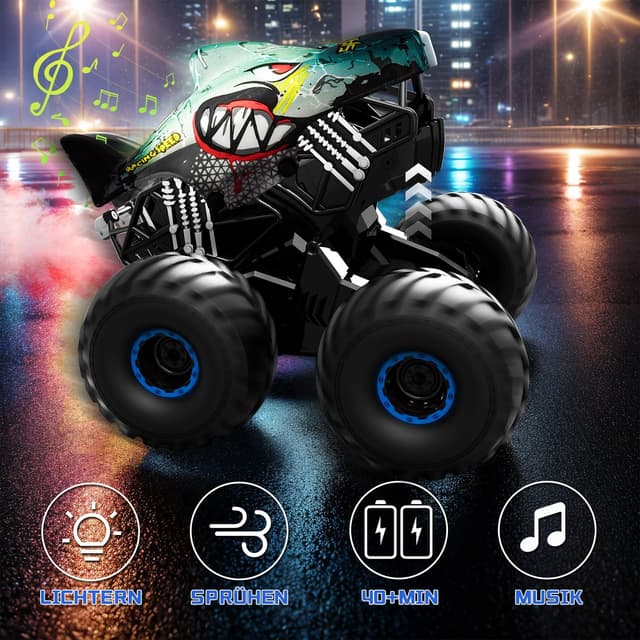 Detalle de Ferngesteuertes Auto 1/16 Monstertruck mit Stomp, Spray, Licht & Musik – Hai-Monstertruck (15 km/h, 360°-Drehung, 4WD)