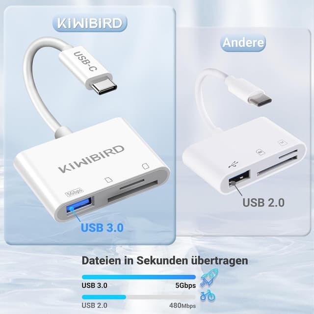 Detalle 2 de KiWiBiRD USB‑C SD/microSD Kartenleser – Adapter für SDHC/SDXC & microSDHC/microSDXC (UHS‑I, UHS‑I, bis 60 MB/s)