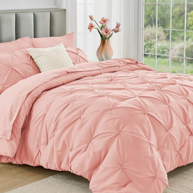 Detalle de JOLLYVOGUE Queen Comforter Set (7-Piece) with Pintuck Microfiber Bedding, Pink