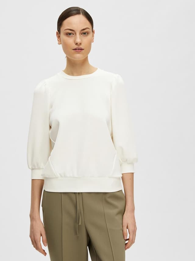 Detalle de Selected Femme women’s loose fit blouse with round neckline and 3/4 puff sleeves
