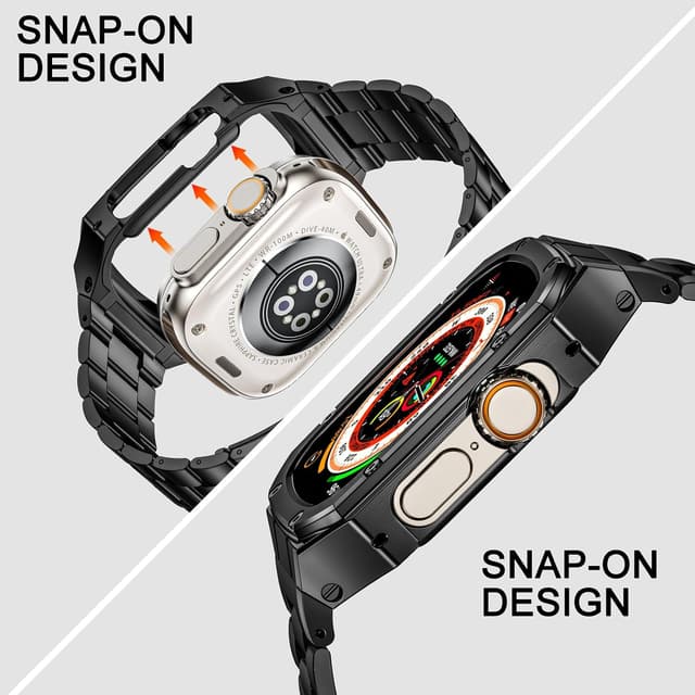 Detalle 2 de BAITEYOU Stainless Steel Watch Band with Case for Apple Watch Ultra (49mm) — Black rugged metal bumper strap