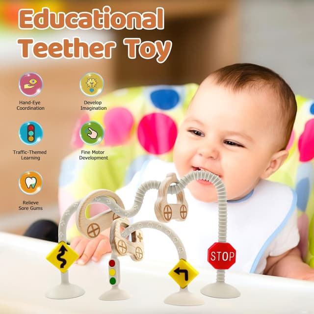 Detalle 2 de Montessori traffic-themed suction cup sensory toy with car wooden ring (6–12 months)