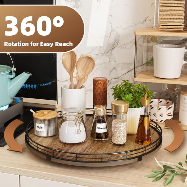 Detalle de Acacia Wood 16" Lazy Susan Turntable Organizer 🍽