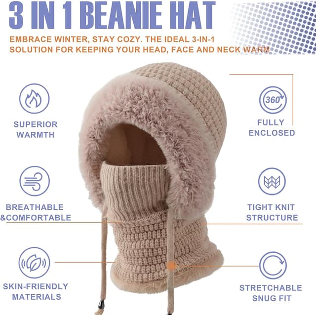 Detalle de DRESHOW Women’s winter balaclava knit hat with drawstring hood scarf – 3-in-1 windproof face cover