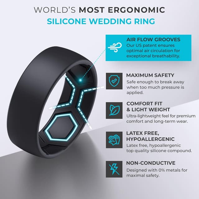 Detalle 2 de ThunderFit Men’s Patterned Silicone Rings (8mm) — Hypoallergenic Rubber Bands Multipack