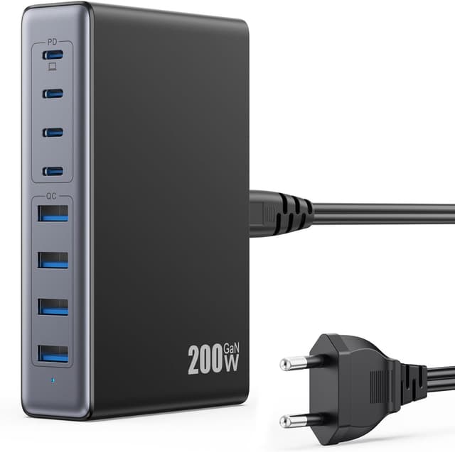Detalle de Chargeur USB-C 8 ports 200 W GaN III : station multiple pour MacBook, iPhone et appareils USB-C/USB-A