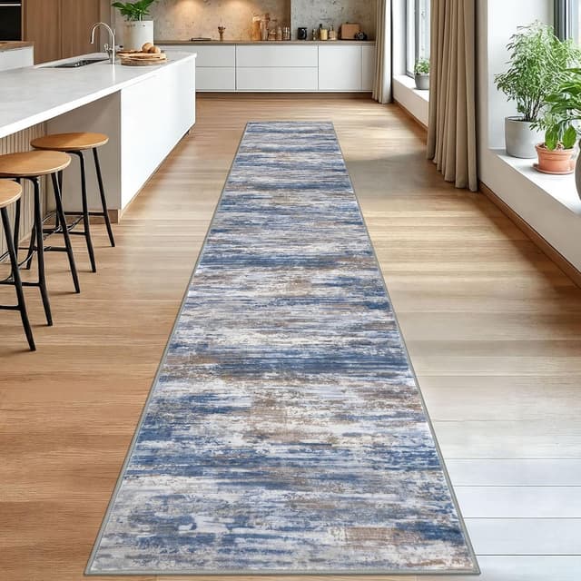 Detalle de KOZYFLY Modern Abstract Washable Rug Runner, 2.6x16 Non-Slip Hallway Runner in Blue Rust Stripes