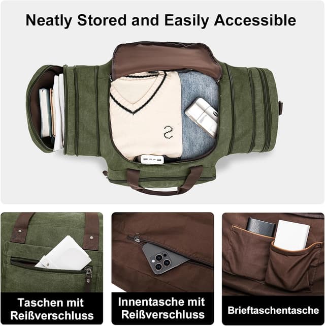 Detalle de Erweiterbare Reisetasche 70L – große Sporttasche mit ausziehbarer Länge (Oliv)