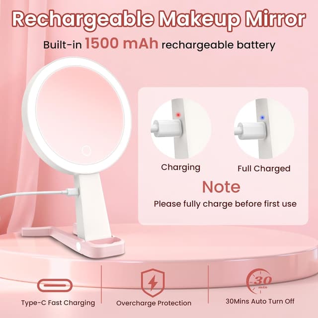 Detalle de FZIFZI Makeup Mirror with Lights (10X/1X) – Rechargeable LED Magnifying Vanity Mirror, Pink