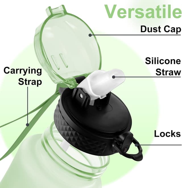 Detalle de GOPPUS 350ml Kids Water Bottle with Straw Lid, Strap and Time Markers (Sage Green Ombre)