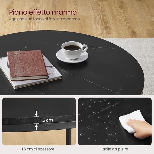 Detalle de VASAGLE Tavolino da salotto rotondo LCT071B58 effetto marmo nero con ripiano in vetro temperato