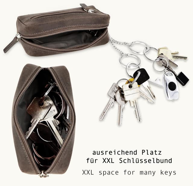 Detalle de Manage XXL Schlüsselmäppchen mit 2 separaten Reißverschlussfächern aus echtem Leder – kompaktes Schlüsseletui für Auto- und Schlüsselbund
