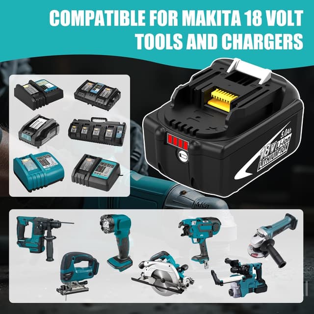 Detalle de TOPBATT 2x 5000mAh 18V Li-ion batteries (compatible with Makita BL1850B/BL1840 etc.) with LED indicators