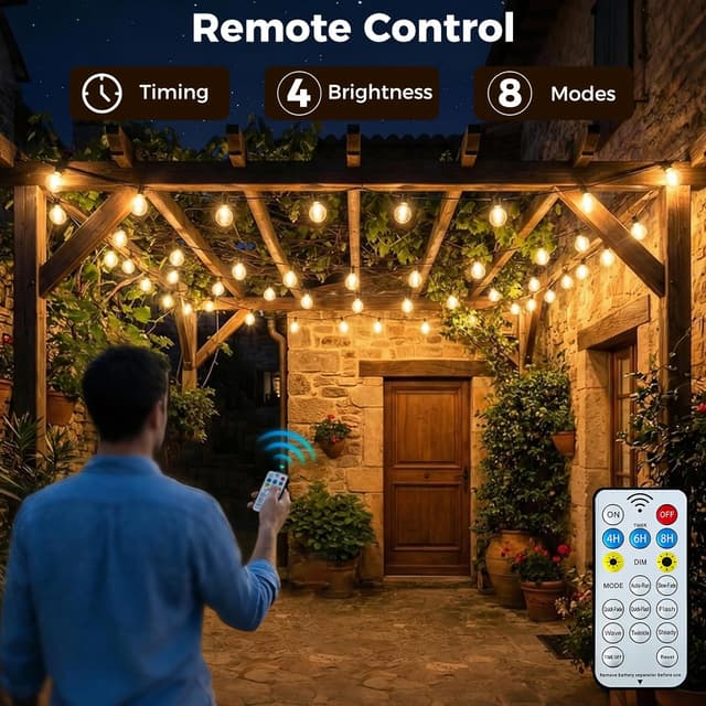 Detalle de kolpop Solar-Lichterkette für außen 15 m mit 8 Modi, dimmbar (G40) und Speicherfunktion