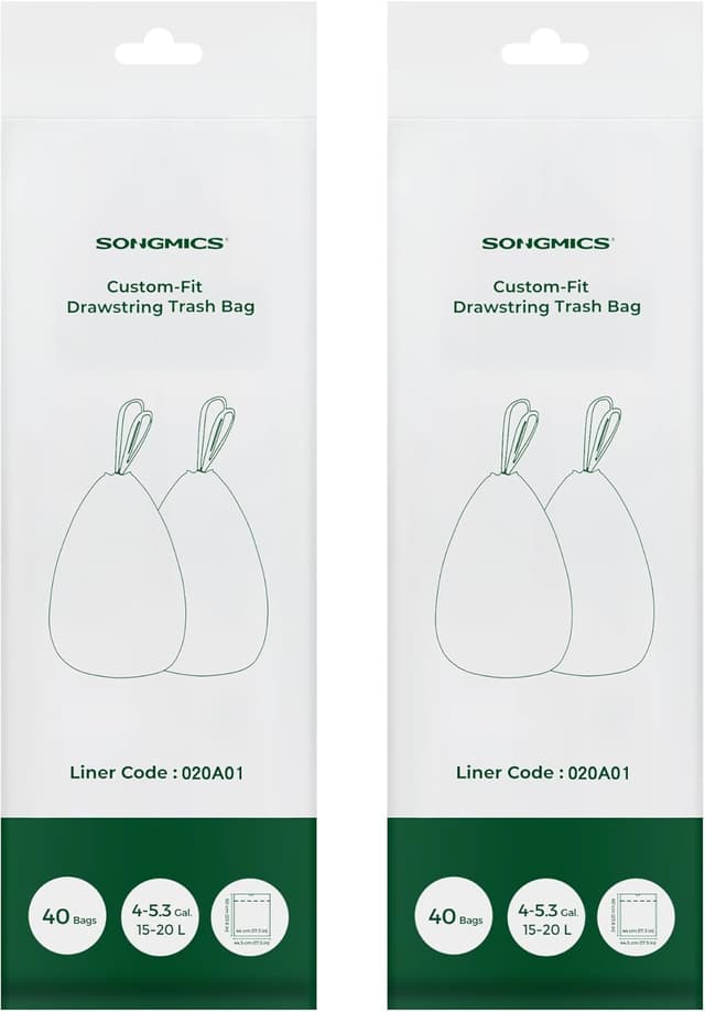 Detalle de SONGMICS Heavy-Duty Bin Bags (Drawstring) for 15–20L kitchen bins, 2 rolls of 80