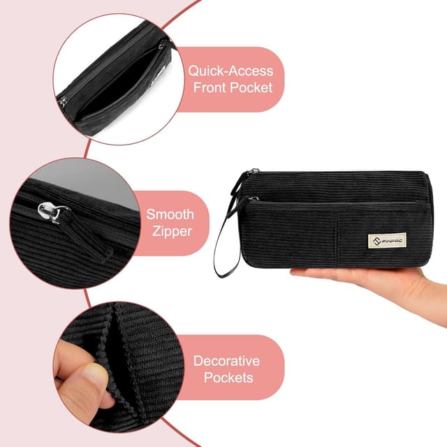 Detalle 2 de FINPAC trousse scolaire en velours côtelé (24 x 7 x 13,5 cm) avec poche zippée et dragonne — noir