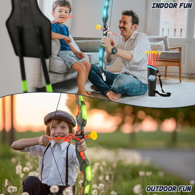 Detalle de Bow and Arrow Set for Kids (2-Pack) with LED Lights, 20 Suction Cup Arrows, Standing Target, and Quivers