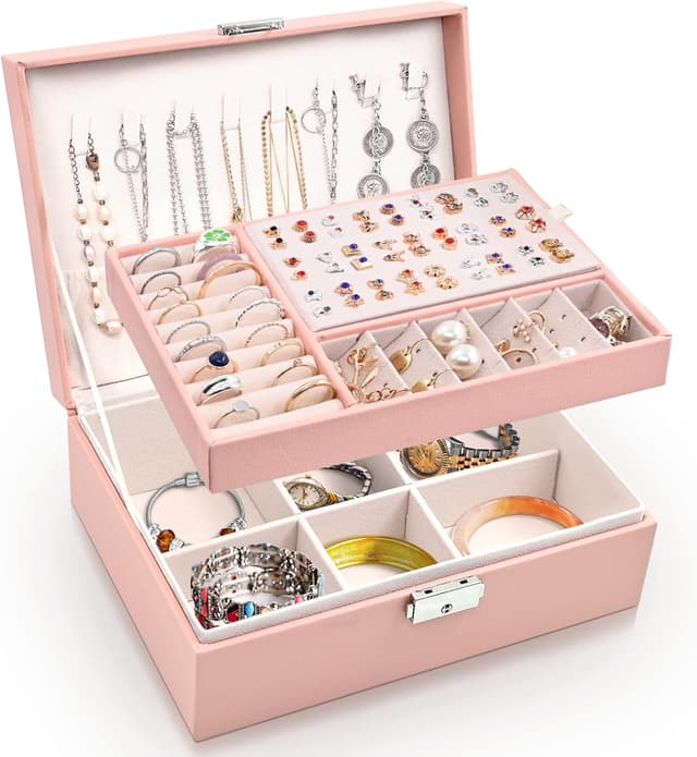 Detalle de Larkumio organizador de joyas grande de doble capa para mujer y niña (rosado) con cerradura y llave