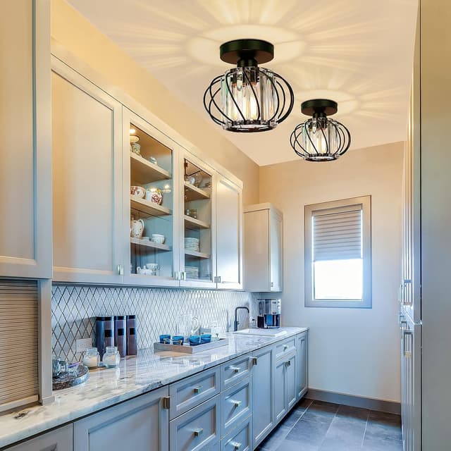 Detalle de FRIDEKO HOME Modern Crystal Flush Ceiling Light Fixture (Black) – Industrial 2 Pack, E27