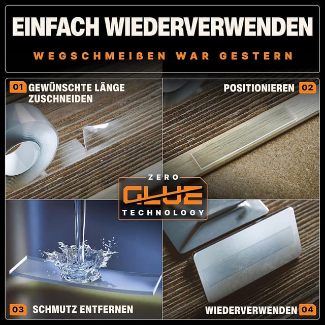 Detalle 2 de BAURIX® Nano Tape doppelseitig (3 m) – transparentes, wiederverwendbares Nano-Klebeband für Wand, Teppich & Deko