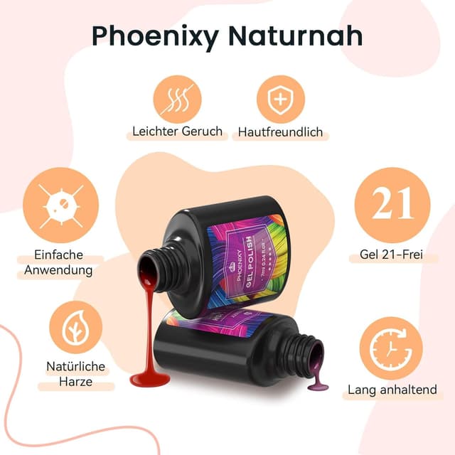 Detalle de Phoenixy UV-Nagellack Set (24-teilig) mit 21 Farben, Unterlack & Überlack