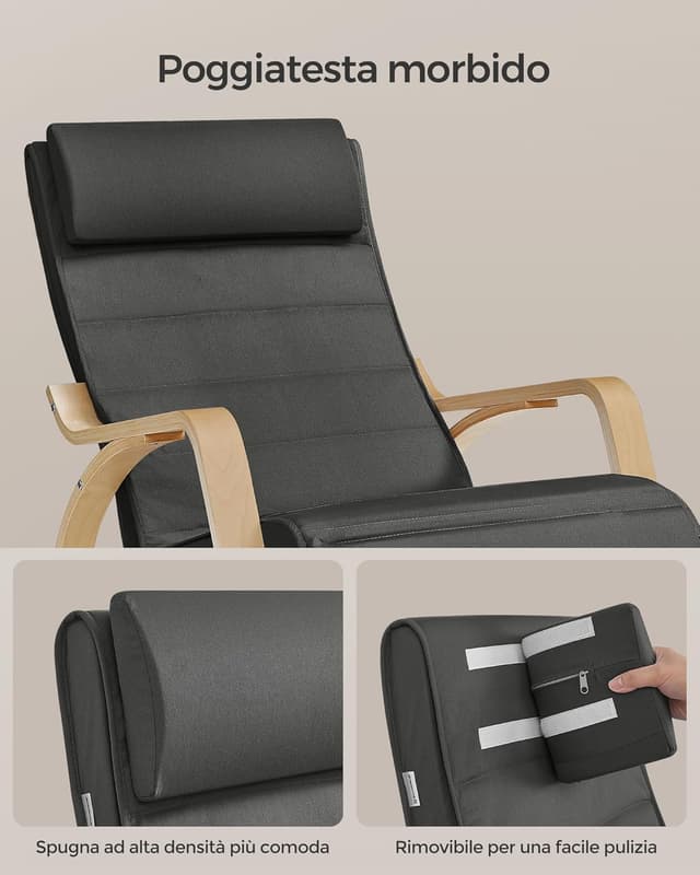 Thumbnail 6 de SONGMICS Sedia a Dondolo LYY10G in betulla con braccioli e poggiapiedi regolabile fino a 5 posizioni (grigio scuro)