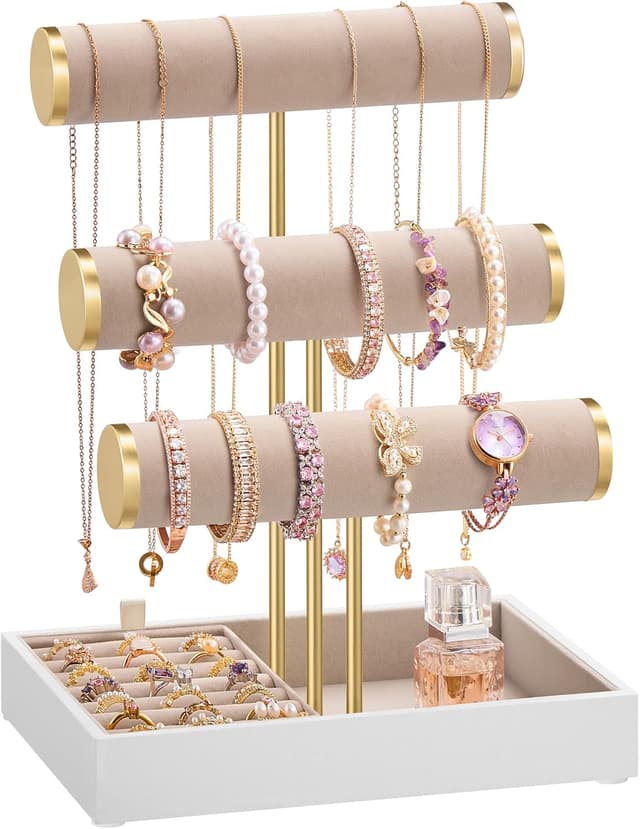Detalle de SONGMICS JJS027A01 3-Tier bracelet holder stand with velvet tray and removable ring holder