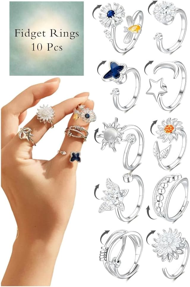 Detalle de 10Pcs Fidget Anxiety Rings (Moon, Sun, Butterfly & More) Adjustable Spinner Rings for Women