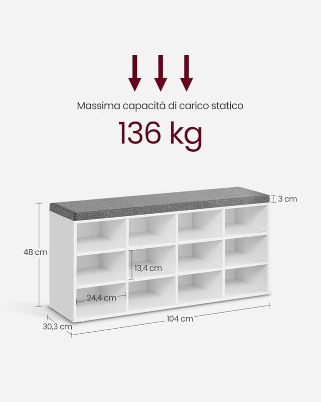 Thumbnail 2 de VASAGLE Panca Scarpiera 30,3x104x48 cm Bianco Grigio