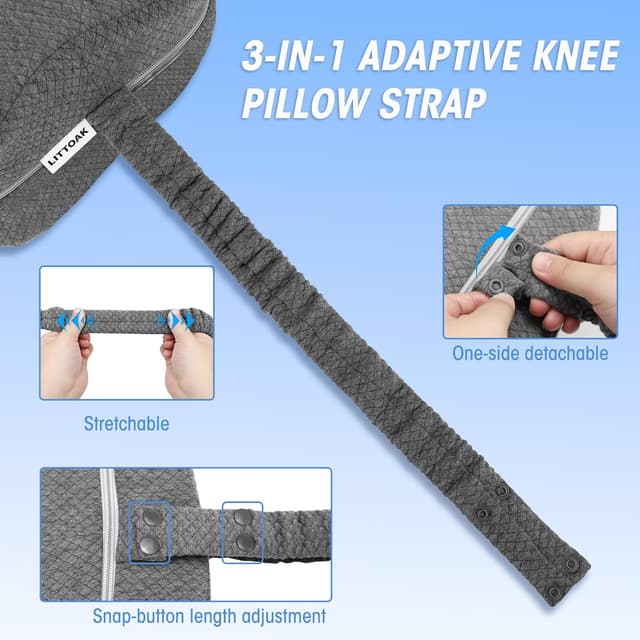 Detalle de Knee Pillow for Side Sleepers & Sciatica Pain Relief with Memory Foam Core, Detachable Strap, Two Covers (Blue & Grey) – One Pillow Only