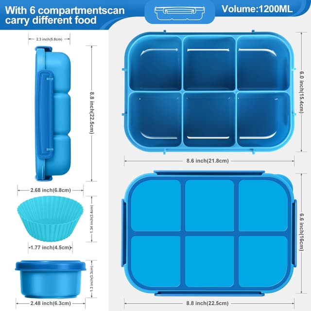 Detalle 2 de Amathley Kinder-Brotdose mit Fächern (1200 ml) – Bento Box Blau mit 6 Fächern, Soßenbehälter & Cartoon-Set