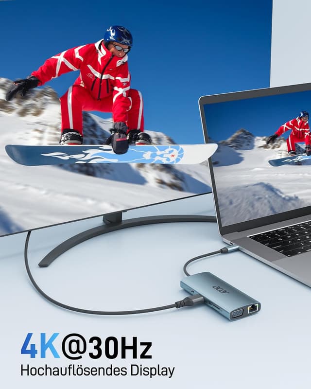 Detalle de Acer USB-C Hub Docking Station 9in1 mit 4K HDMI, VGA, USB 3.0, Gigabit-LAN, SD/ microSD und 100W PD