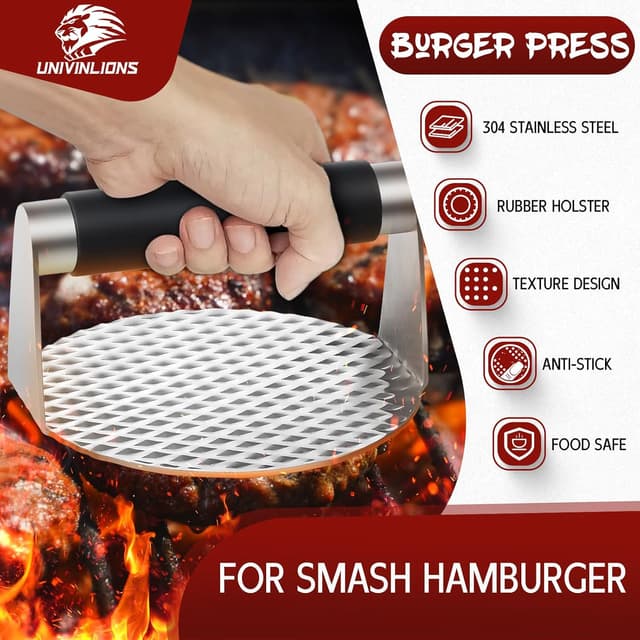 Detalle 2 de Univinlions Smash Burger Kit con pressa per hamburger da griglia e spatola XXL