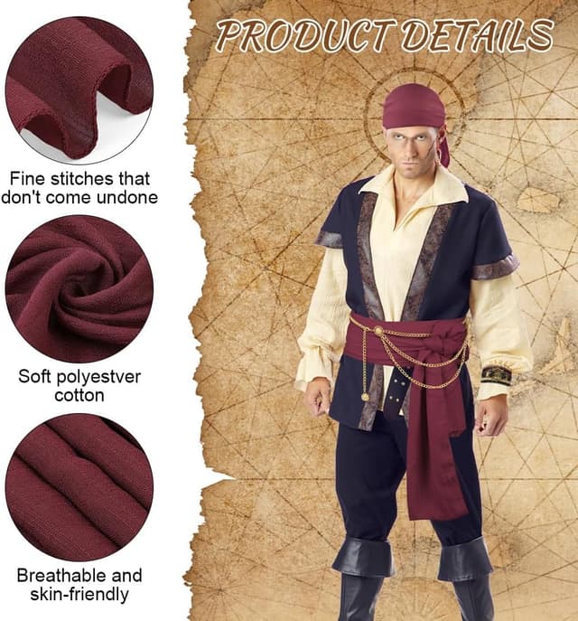 Detalle de Alaoo Kit Accessori Pirata da Capitano: bandana e cintura regolabili per costume