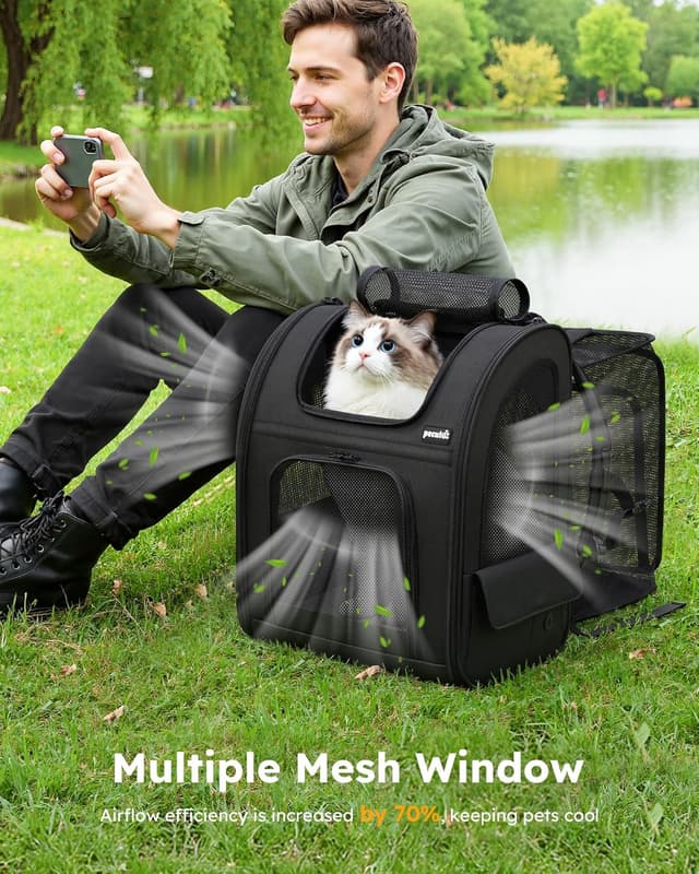 Thumbnail 6 de Pecute Hunderucksack Erweiterbar XL für 6–10 kg, faltbarer Katzenrucksack mit Anti-offener Reißverschluss und Netzfenster (Grau)