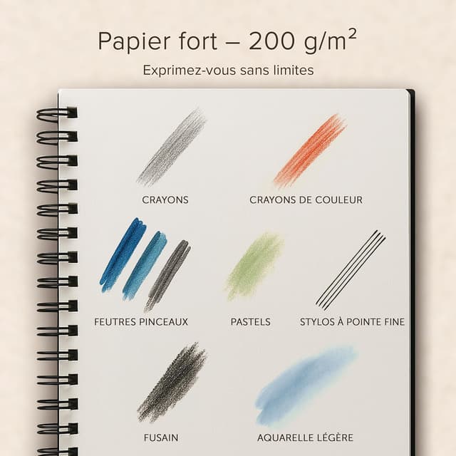Detalle de Carnet à dessin relié A4 à spirales – Papier très épais 200 g/m², 40 feuilles (80 pages)