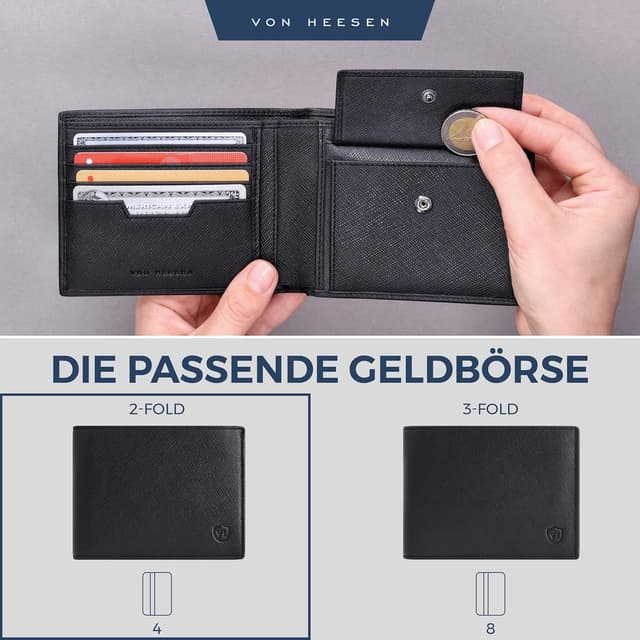 Detalle de VON HEESEN Leder-Geldbörse mit RFID-Schutz (Saffiano Schwarz) – Geldbeutel für Damen & Herren
