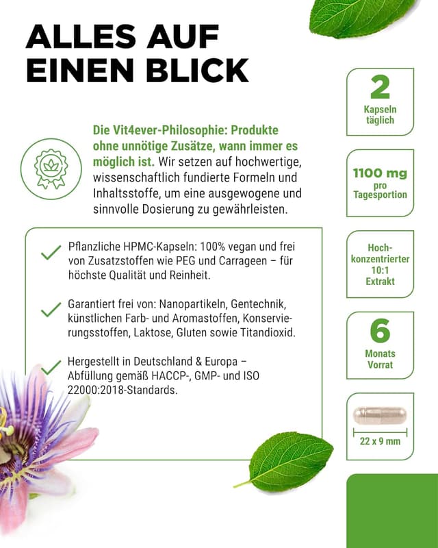 Detalle de Passionsblume Extrakt Premium 10:1 (1.100 mg) – 365 vegane Kapseln