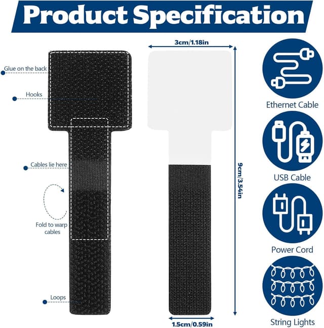 Detalle de 40x selbstklebende Kabelhalter mit Nylon-Klettband für den Schreibtisch (Kabelmanagement unter dem Tisch)